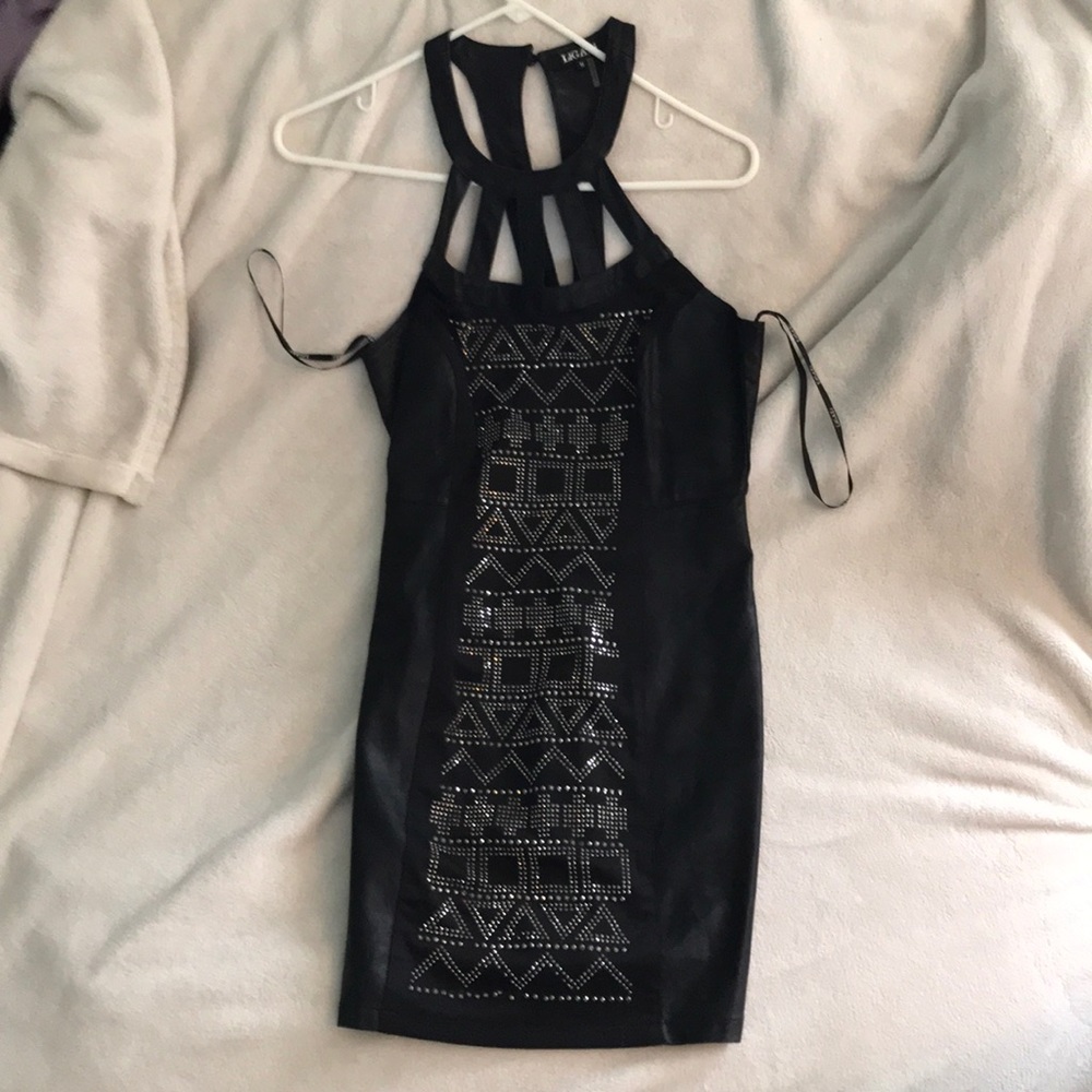 BLACK SEQUIN FAUX LEATHER CUT OUT DRESS